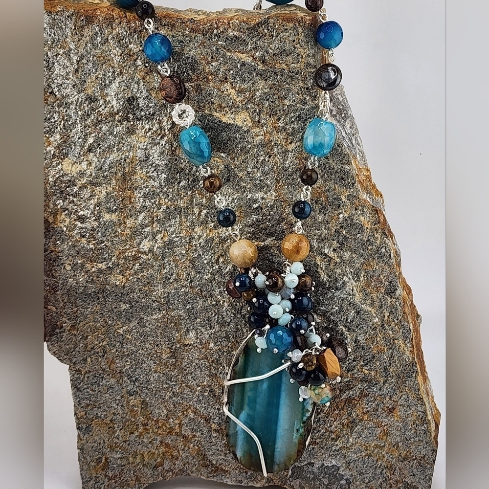 AGATE, AMAZONITE & TIGERS EYE GENUINE GEMSTONE NECKLACE HANDMADE STERLING SILVER - Picture 7 of 14